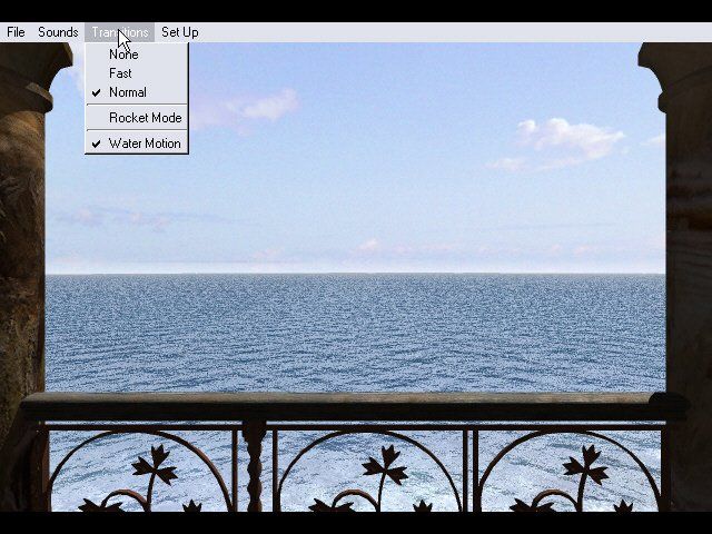 Alida (Windows) screenshot: You start here on a balcony overlooking the sea. Point the cursor to the top to access menus.