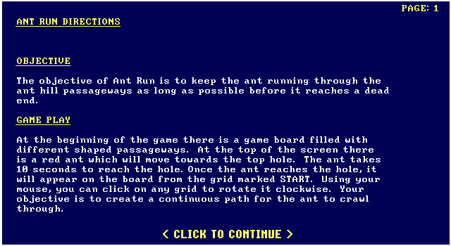Ant Run (DOS) screenshot: Instructions