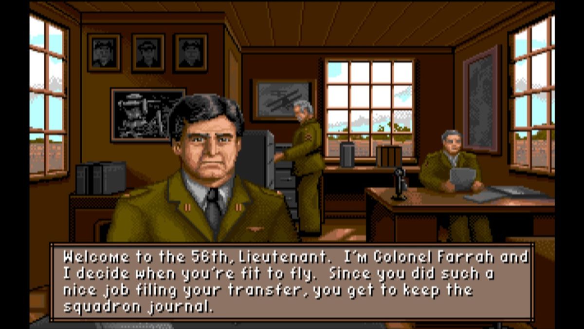 Wings (Macintosh) screenshot: Colonel Farrah welcoming you to the 56th squadron (GOG version)