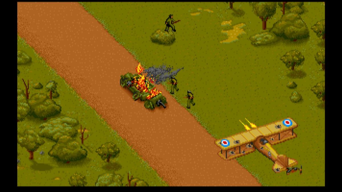 Wings (Macintosh) screenshot: Strafing the convoy, although they hit me as well so much I look like a Swiss cheese (GOG version)