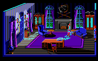 The Colonel's Bequest (DOS) screenshot: Trophy and gun room (EGA / TANDY)