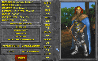 The Elder Scrolls: Daggerfall (Demo Version) (DOS) screenshot: An earlier version of the demo features a female Spellsword player character.