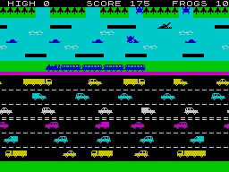 Hopper (ZX Spectrum) screenshot: Surfing on a turtle's head. Two frogs already crossed to the swamp.