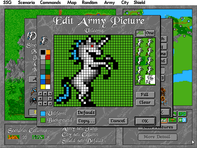 Warlords II Scenario Builder (DOS) screenshot: New army graphics are created with this basic paint program.