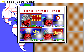 Gold of the Americas: The Conquest of the New World (Apple IIgs) screenshot: Starting a new game as Spain.