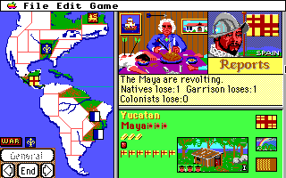Gold of the Americas: The Conquest of the New World (Apple IIgs) screenshot: Native revolt against a colony.
