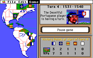 Gold of the Americas: The Conquest of the New World (Apple IIgs) screenshot: Portugal takes a turn.