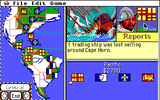 Gold of the Americas: The Conquest of the New World (Apple IIgs) screenshot: Travel to the Pacific Ocean is treacherous and ships may sink.