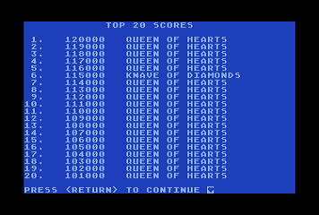 Queen of Hearts (Atari 8-bit) screenshot: High Score Display