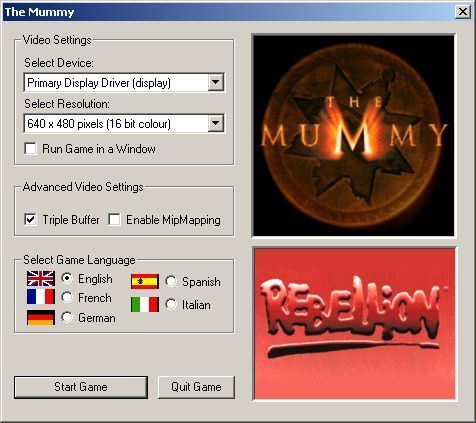 The Mummy (Windows) screenshot: When the game is played for the first time the player is prompted for basic setup information. This is the UK release but other European languages are still available.