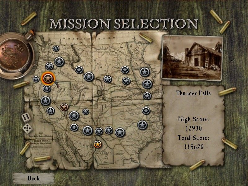 Dead Man's Hand (Windows) screenshot: Missions are selected on a large map of the west.