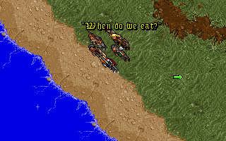 Ultima VII: The Black Gate (DOS) screenshot: Come on guys, we are exploring a lovely shore here, and all you can think of is food?..