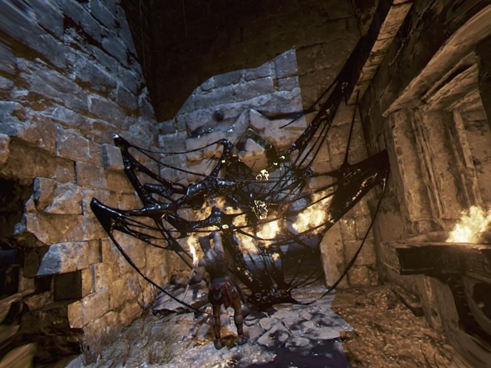 Theseus (PlayStation 4) screenshot: Dark webs can be set ablaze out with your torch