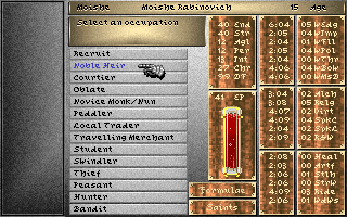 Darklands (DOS) screenshot: Meet Moishe Rabinovich, a Noble Heir in medieval Germany! Oy, justice at least through games! :)