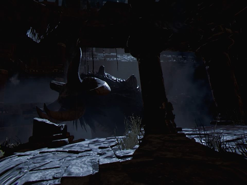 Theseus (PlayStation 4) screenshot: Hiding in shadow behind the pillar while the minotaur passes