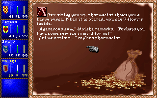Darklands (DOS) screenshot: Dialogue with a pharmacist. Moishe here is persuasive