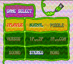 Tetris 2 (SNES) screenshot: Choose your game mode, change sound settings and be the puzzle master now!
