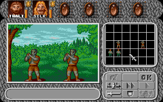 Amberstar (DOS) screenshot: A skirmish against some orcs in a forest