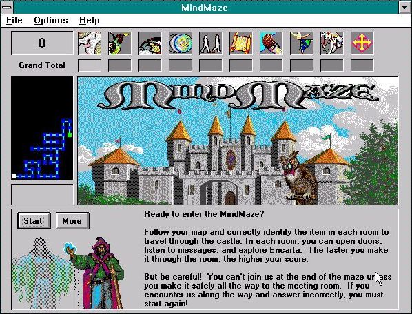 Microsoft Encarta (Included game) (Windows 16-bit) screenshot: Encarta 1994: Once a player's name has been entered some helpful game information is shown. The ghost and the wizard in the lower left are characters the player may meet in the maze