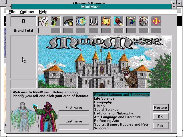 Microsoft Encarta (Included game) (Windows 3.x) screenshot: Encarta 1994: While the Encarta window can be resized, Mind Maze opens in a new window whose size cannot be changed