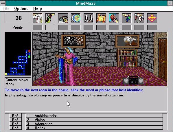 Microsoft Encarta (Included game) (Windows 3.x) screenshot: Encarta 1994: Questions are asked whenever the player tries to pass through a new door. They are all multiple choice.
