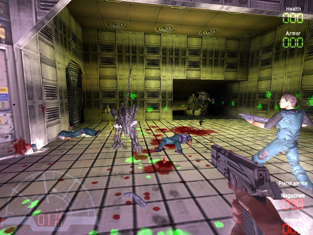 Aliens Versus Predator: Gold Edition (Windows) screenshot: Regardless of whether your blood is red, green, white, or yellow, you die when you bleed too much of it.