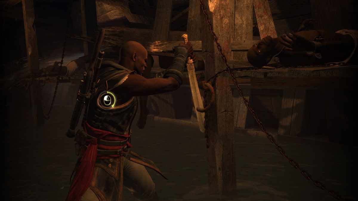 Assassin's Creed IV: Black Flag - Freedom Cry (Windows) screenshot: Trying to set free as many slaves as you can in the sinking ship