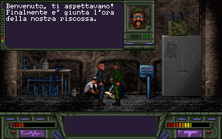 L'Eternauta: Gli Invasori della Città Eterna (DOS) screenshot: The Eternaut meets the leader of a resistance group.