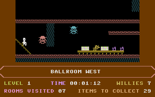 Jet Set Willy II: The Final Frontier (Commodore 16, Plus/4) screenshot: Ballroom West.