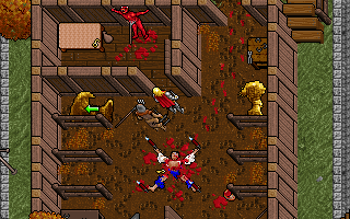Ultima VII: The Black Gate (DOS) screenshot: The game opens with a surprisingly graphic, disturbing murder scene