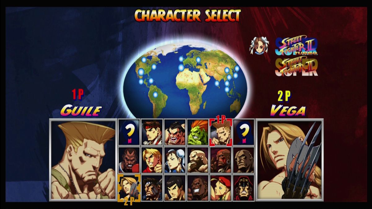 Super Street Fighter II Turbo: HD Remix (Xbox 360) screenshot: Select a character, with multiple color variations from the different releases.