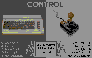 Farming Simulator 19: C64 Edition (Commodore 64) screenshot: Intro screen with keyboard/joystick controls help.