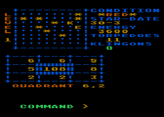 Tari Trek (Atari 8-bit) screenshot: Encountering Klingon Forces