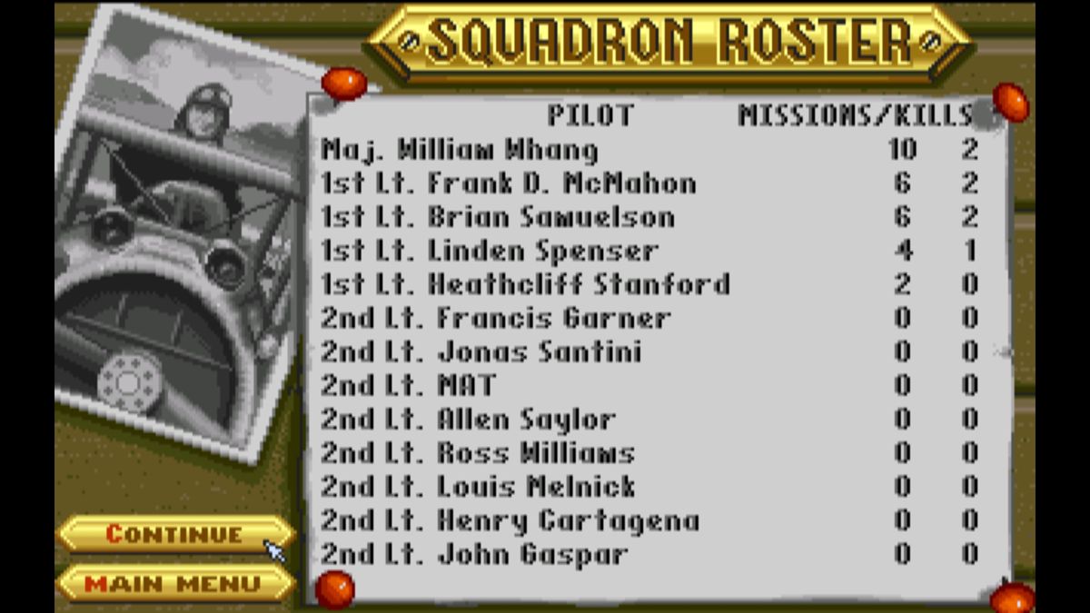 Wings (Windows) screenshot: Squadron roster (GOG version)