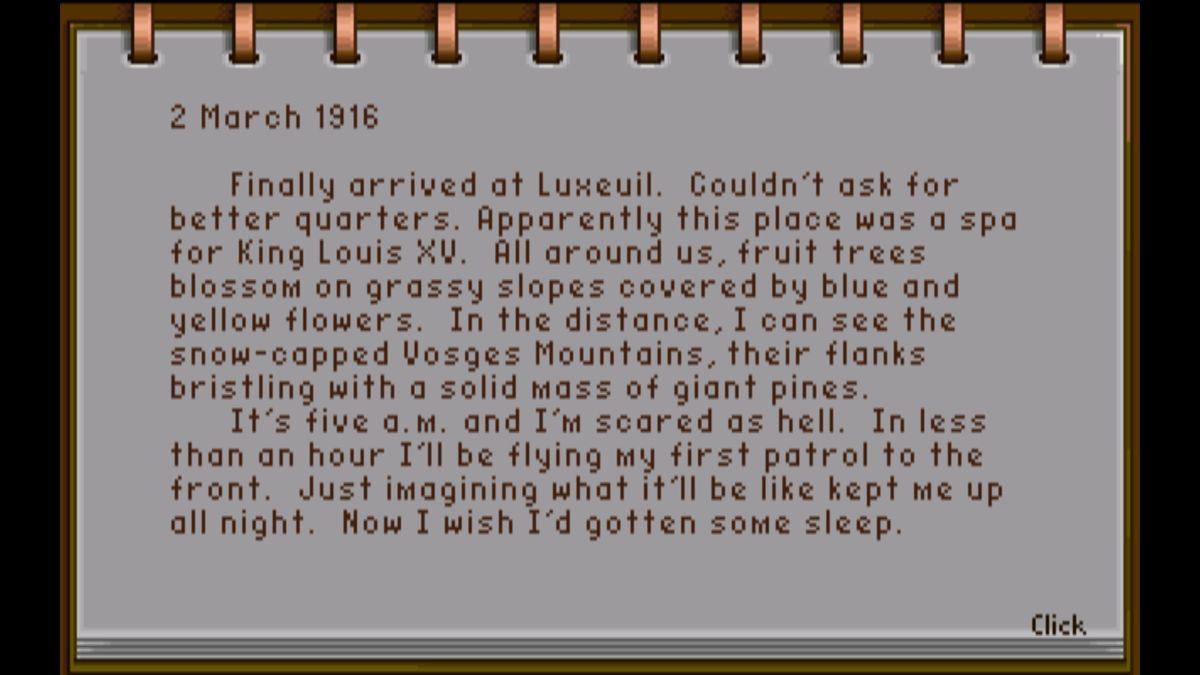 Wings (Windows) screenshot: Flight journal provides the background story following the course of war (GOG version)