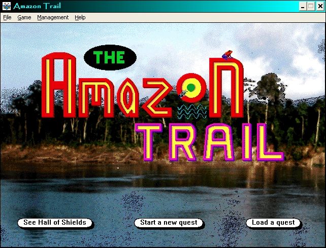 The Amazon Trail (Windows 3.x) screenshot: Amazon Trail Menu, Hall of Shields = High score table
