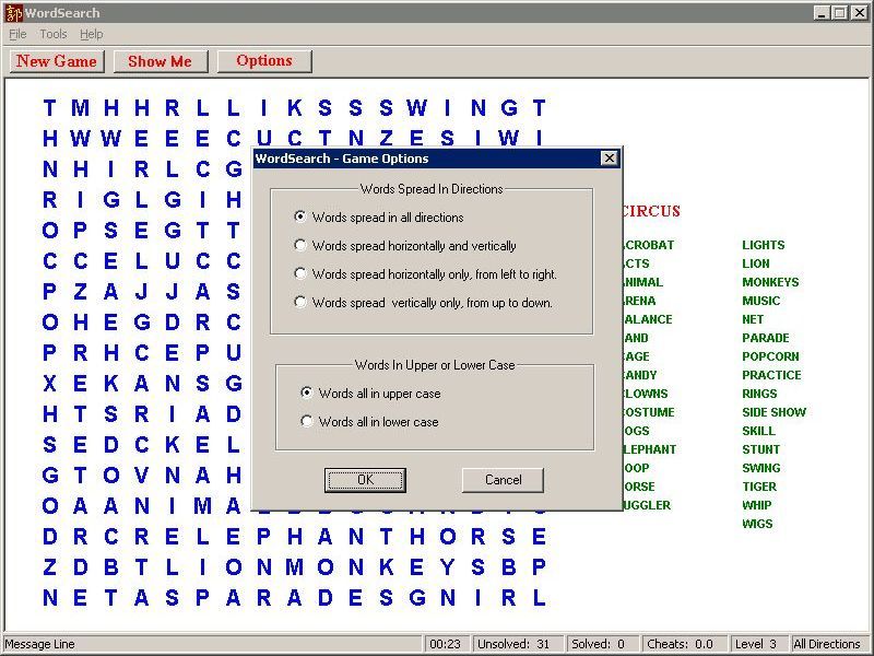 WordSearch (Windows) screenshot: These options control the kind of puzzle generated