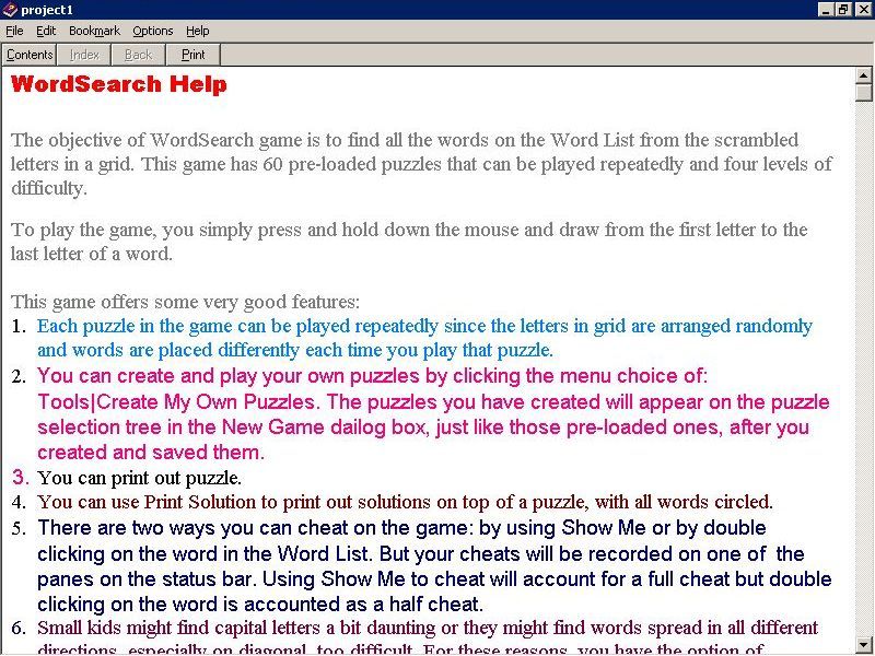 WordSearch (Windows) screenshot: The game's help file opens in a separate windoe