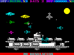 Destructo (ZX Spectrum) screenshot: This ship is 'guarded' by a lot of harmless spacecrafts