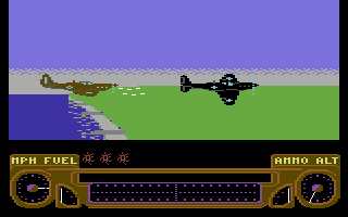 Spitfire (Commodore 64) screenshot: Shoot the enemy plane.
