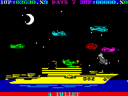 Destructo (ZX Spectrum) screenshot: One touch of blue or purple plane and you'll lost a life