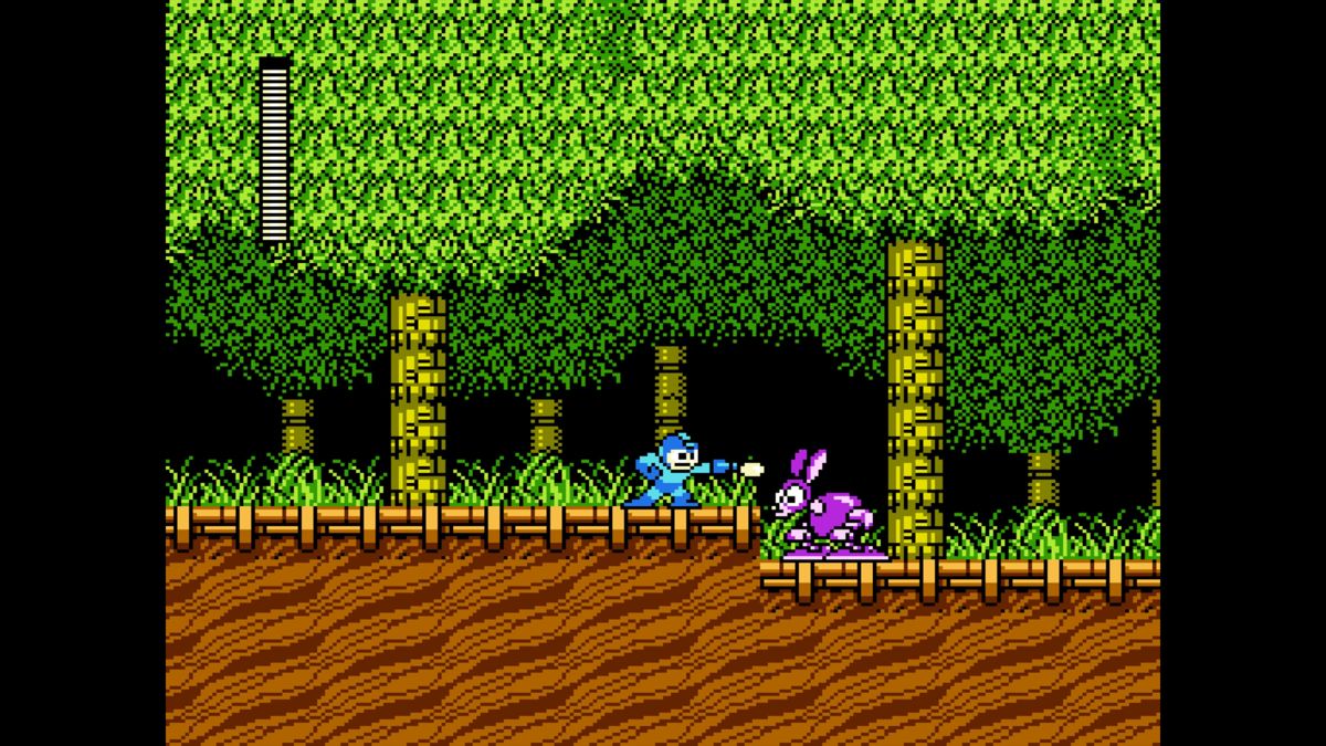 Mega Man: Legacy Collection (PlayStation 4) screenshot: <b>Mega Man II</b>: Firing at the jumping rabbit robot