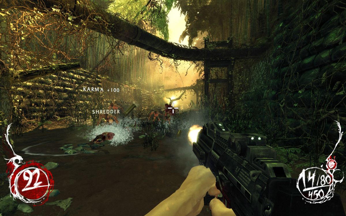 Shadow Warrior (Windows) screenshot: Fighting in the trenches with a machine gun.