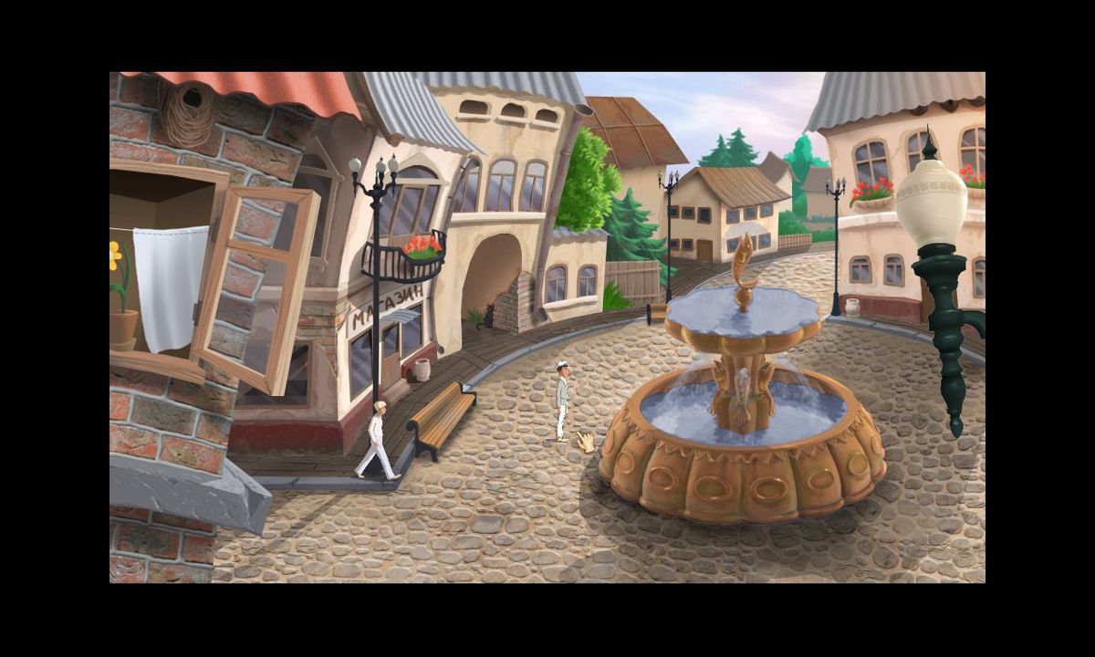 Zolotoj Teljonok (Windows) screenshot: On a square near fountain (in Russian)