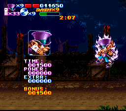 Nightmare Busters (SNES) screenshot: Flynn powers up for the next challenge.