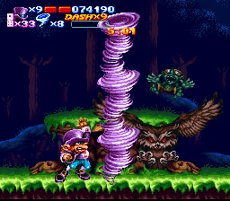 Nightmare Busters (SNES) screenshot: Send your foes flying with a little foul weather!