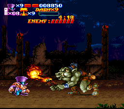 Nightmare Busters (SNES) screenshot: These baddies aren't just blowing smoke; they're playing with fire! But don't get hot under the collar! Stop, drop and rock 'n' roll!