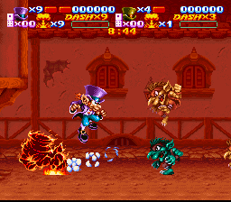 Nightmare Busters (SNES) screenshot: Two player mode is meant to be cooperative, so don't let your partner get burnt by a bad deal!