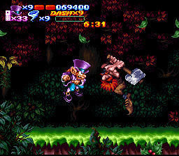 Nightmare Busters (SNES) screenshot: There's a showdown in the forest, and neither man is backing down.