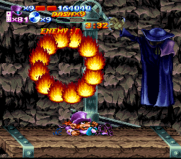 Nightmare Busters (SNES) screenshot: Put this guy out of commission before he can show you what else he's got under his coat!